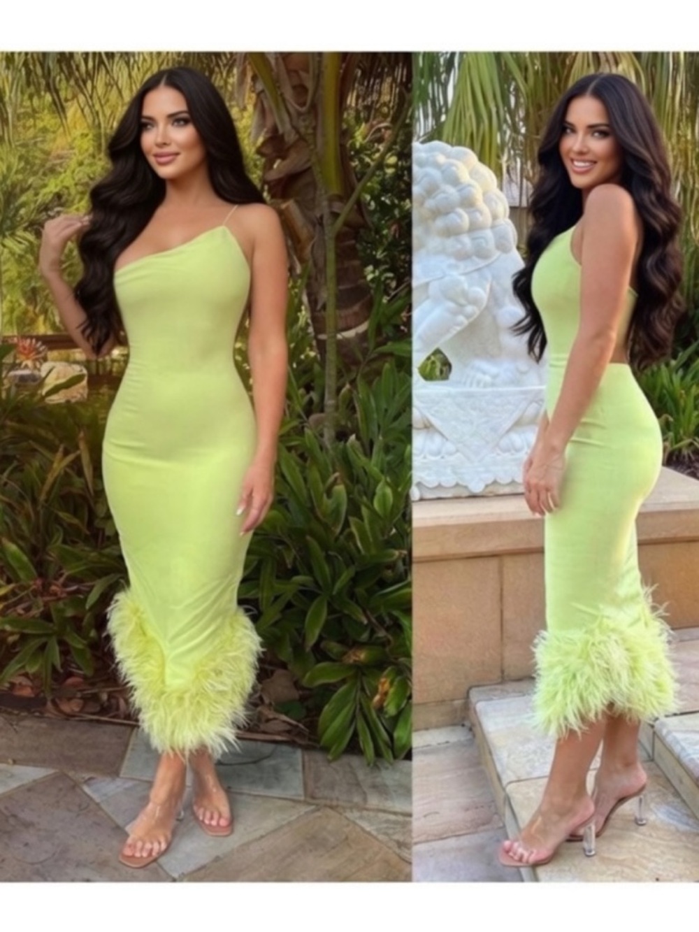 House of CB ‘ALESSIA’ Asymmetrical Feather Trim Midi Dress/ Small US4-6 $399
